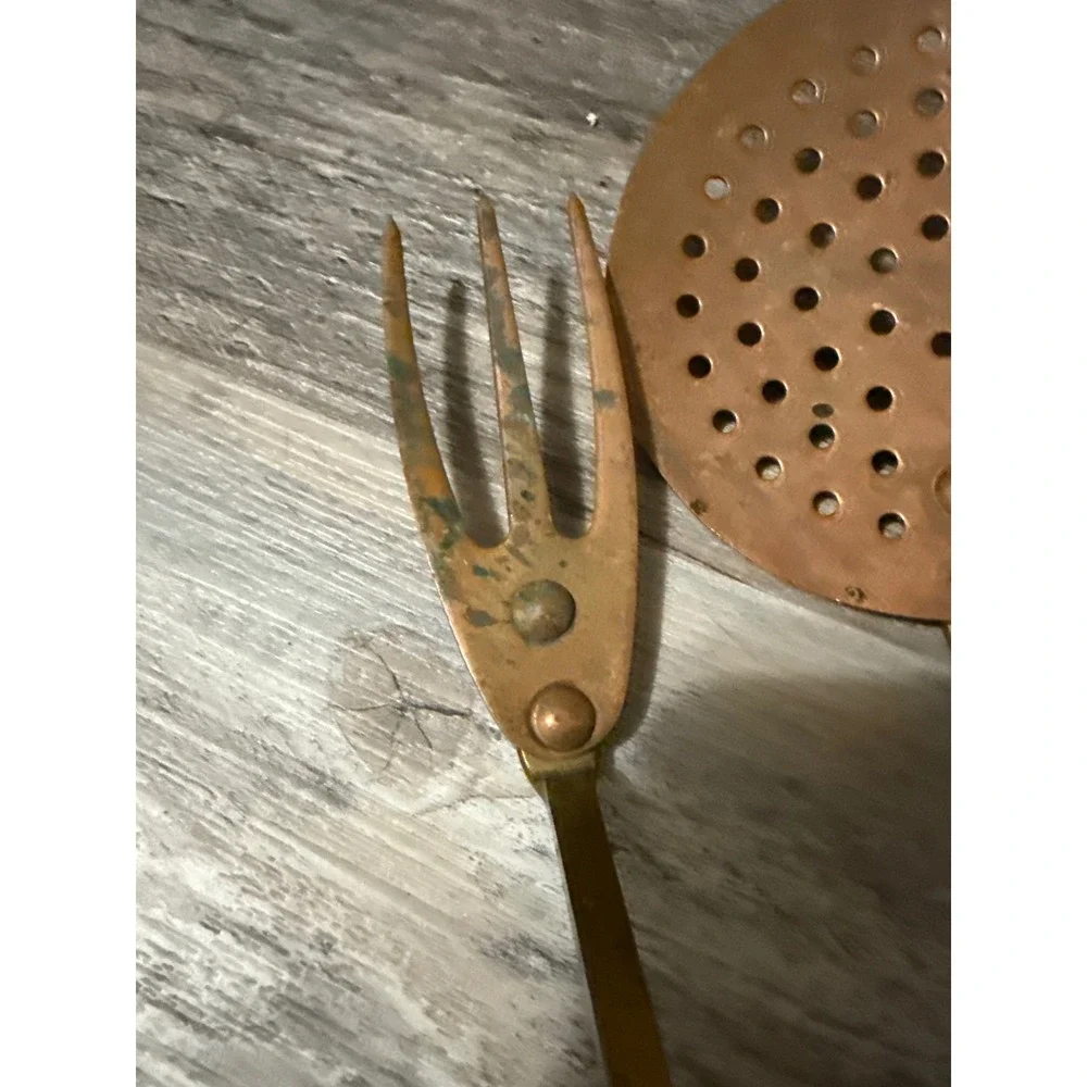 Vintage Copper and Brass Kitchen Utensil Set Ladle Skimmer Fork 3 Piece Rustic
